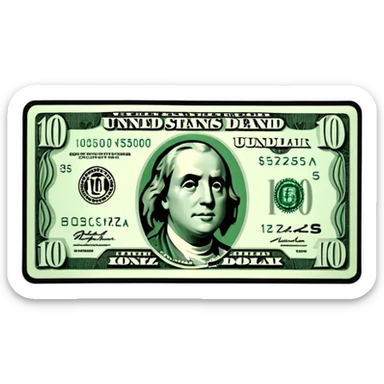 3D realistic US 100 dollar bill sticker, slight perspective, centered, clean cutout, transparent background, no text, no watermark sticker
