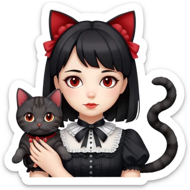 girl wearing black Lolita style dress, with medium-length black hair with red tips, and a black American Shorthair tabby cat sticker