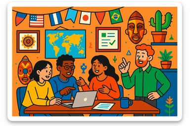 A team collaborating in an office decorated with international flags and cultural elements, vibrant cartoon style sticker