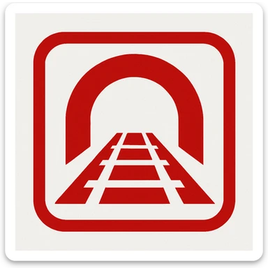 abstract subway symbol (e.g., tracks or station arches) in red and white sticker