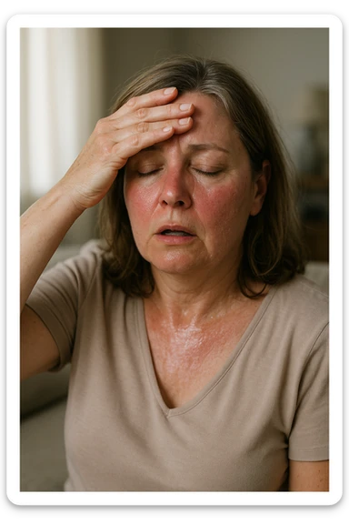 Donna in menopausa con sintomi evidenti. immagini specifiche, senza testo. immagini realistiche 4k sticker