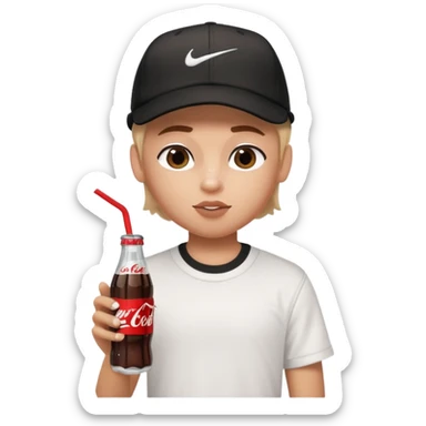 generate a pretty bratz boy with a nike black baseball cap, a white tshirt and drinking coke  sticker