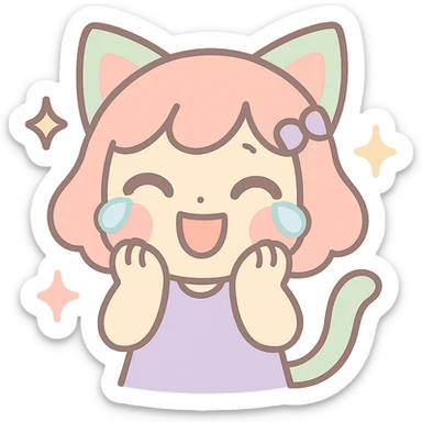 kawaii style neko catgirl laughing with tears, hands on cheeks, sparkles, soft shading sticker