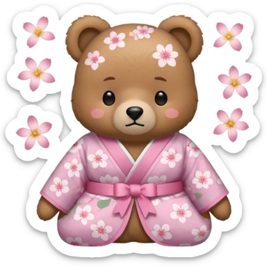 A cute light-brown bear wearing a pastel pink sakura-patterned kimono with a small ribbon on the back, normal balanced head and body proportions, sleepy half-closed eyes, mouth slightly open in a drowsy expression, tiny “zzz” floating near the head, a couple of sakura petals around
 sticker