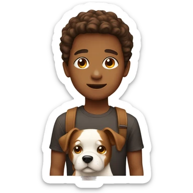 A boy whit a brown and white dog sticker