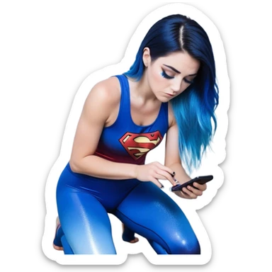 Disapponted-big tears-head back texting on phone-very very large upper body-sexy face-bending forward at waist-very long very straight dark blue to light blue ombre hair-and-blue eyes-thick black eyeliner-long eyelashes-iridescent blue lowcut tanktop with black leggings with glitter superman logo sticker