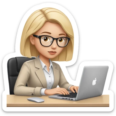 a focused female professional at her desk, working on a laptop with a keyboard nearby sticker