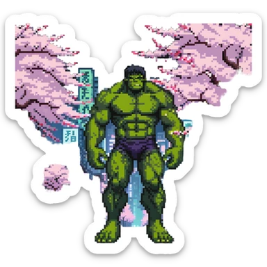 the Hulk standing in a Japanese city with cherry blossoms and neon signs sticker