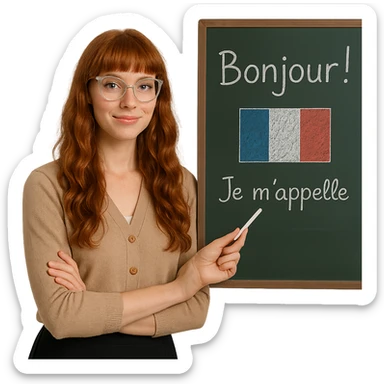 redhead woman, long wavy hair, bangs, cat-eye clear-framed glasses, blue eyes, French teacher, standing by a chalkboard sticker