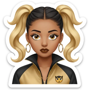 “black Emoji girl, fierce confident expression, sharp black winged eyeliner, bold brows, matte nude lips, long curled lashes, sleek high ponytail, gold hoop earrings, sporty streetwear jacket.” sticker