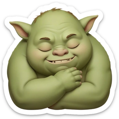 Meme-Worthy Cute Sleeping Ogre Portrait Emoji, with a surprisingly endearing, plump figure in soft earthy greens and browns, head drooping gently with closed, relaxed eyes and a content, sleepy grin, simplified yet adorably detailed, glowing with a soft warm outline that captures the peaceful slumber of a friendly ogre after a day of gentle mischief! sticker