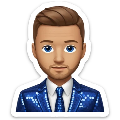 Justin Timberlake with light brown hair, blue eyes, sequin navy blue suit jacket sticker