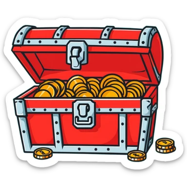 A vibrant red RPG treasure chest with gold coins spilling out sticker
