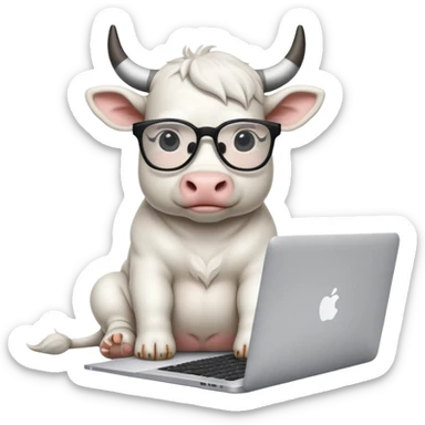 baby white bull in fancy glasses sitting in front of a macbook, working  sticker