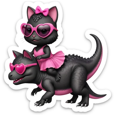 Tyrannosaurus rex with a black kitten wearing pink heart shaped sunglasses riding his back. The black kitten is wearing a pink dress sticker