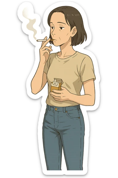 A full body of a slim middle aged woman wearing jeans and a t.shirt holding a packet of cigarettes and smoking sticker