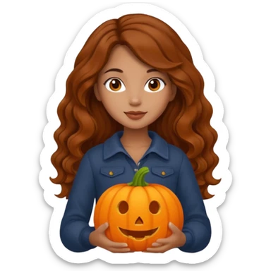Cozy mixed girl with long wavy brown hair dressed for fall holding a pumpkin  sticker