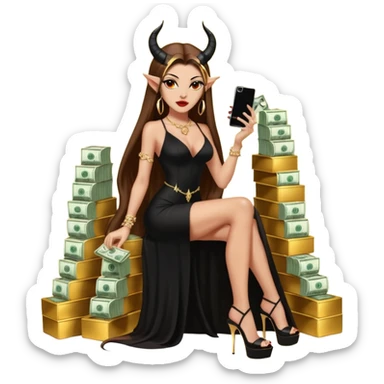 Sensual seductress long brown straight haired sexy drug lord woman with  glitter platform high heels on her feet,  and devil black horns on her head, holding a stack of cash, has a phone in other hand. Sitting on gold cases full of drugs, long black dress with sexy slit sticker