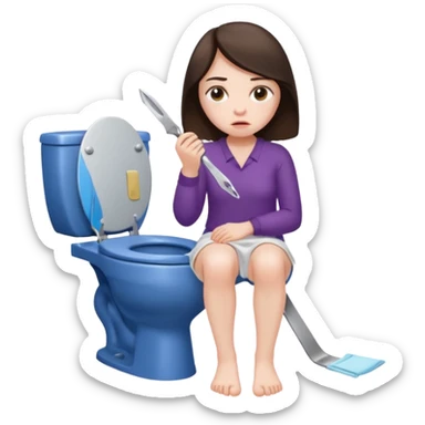 sad brunette scabby woman on toilet with a razor sticker