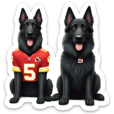 Two black long haired German Shepherd dogs sitting next to each other wearing Patrick Mahomes & Travis Kelce Kansas City Chiefs jerseys  sticker