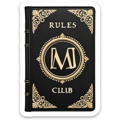 black book with ornate white text and borders. The book’s cover reads: “Mad Money Club - Rules Book - For Sad Girls.” sticker