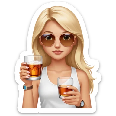 girl with long blond hair
with blue eyes
and aviator sunglasses
wearing white tank top 
holding a glass of whiskey, wearing rose gold apple watch  sticker