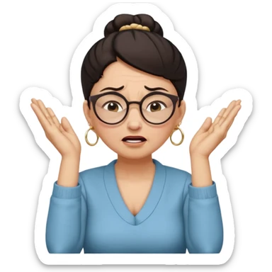  middle aged woman with dark hair pulled up in a high bun, wearing round ring earrings and glasses with a very painful expression on her face, eyes squeeed shut, wincing in pain,covering her ears with her hands, trying to not hear a terribly loud noise sticker