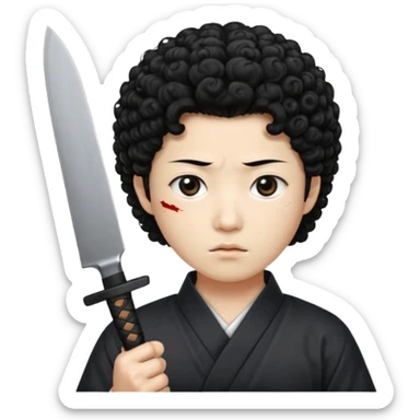 Korean murderer white skin with Asian eyes and holding knife with black Korean perm hair sticker