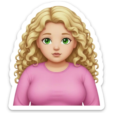 Blonde girl with dirty blonde curly long hair in a pink long sleeve shirt with green eyes make her lil chubby portrait sticker