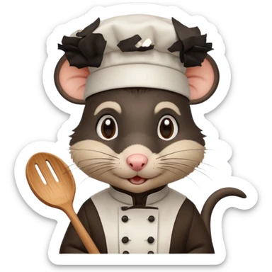A rat with a fringe, long black hair and chefs hat sticker