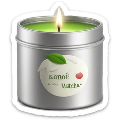 small pretty matcha scented candle in silver tin with label realistic sticker