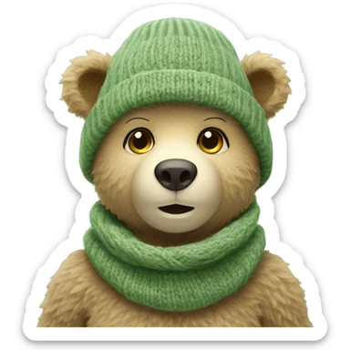 Cute Bear with knitted Sage green hat without scarf sticker