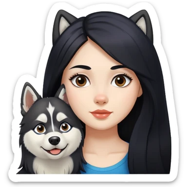 A girl with long black hair walks a husky sticker