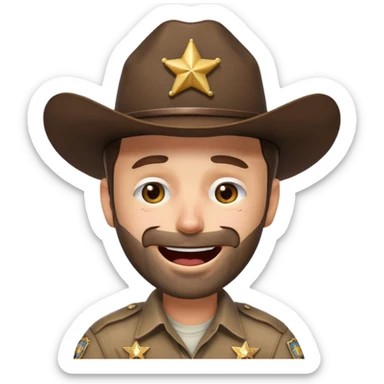 Rick Grimes from The Walking Dead as a laughing crying emoji, expressive face, sheriff hat, stubble, cartoonish features sticker