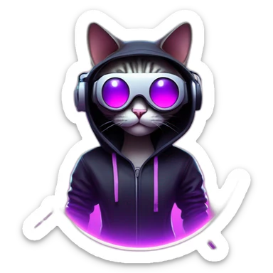funny cat wearing a black hoodie with "OMG" letters on it and VR headset in a cyberpunk VR environment with violet neon lighting. sticker