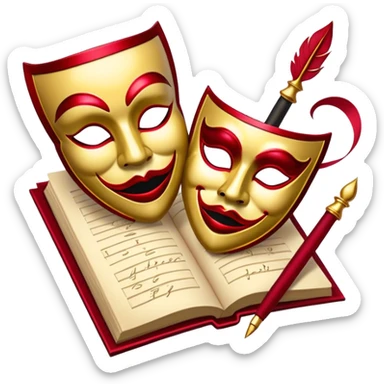 Create a bold and dramatic emoji representing the art of playwriting. The design should feature an open script or a theater playbook, with stylized text lines or dramatic dialogue inside. Include elements like a theatrical comedy and tragedy masks, a stage spotlight, or a writting quill to symbolize creativity and performance. Use deep, contrasting colors like red, black, and gold to evoke the intensity and passion of drama. The overall design should feel dramatic, inspiring, and artistic. Make the background transparent. sticker
