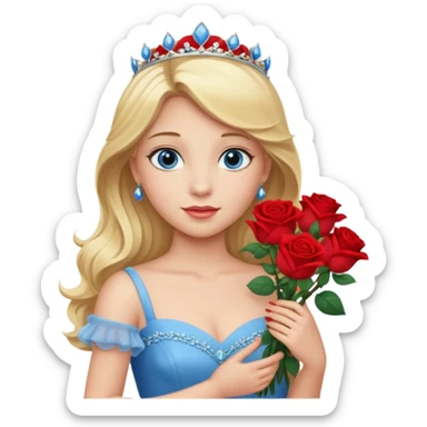 Blonde haired, blue eyes princess holding a bouquet of roses wearing a princess gown sticker