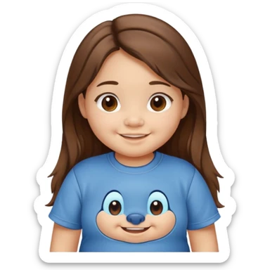 Une petite fille qui a des grosse joux qui est brune qui a les cheveux long et qui a un tee shirt stitch sticker