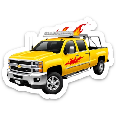 Yellow Chevrolet C-2500 Crew Cab with professional airbrushed red flame artwork on front hood and fenders, authentic Kill Bill truck design, 30-degree view, iOS emoji style sticker