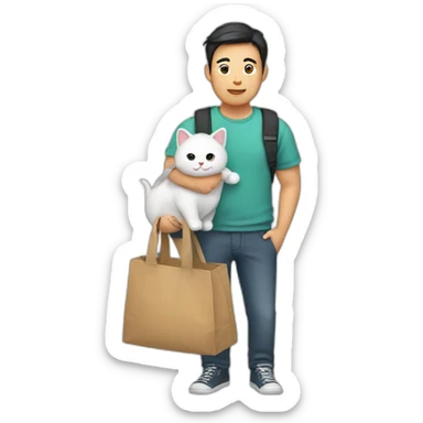 Asian man holding a cat in a bag sticker