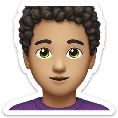 Boy with black curly hair and green eyes in purple sweater. The boy have a skar on nose sticker