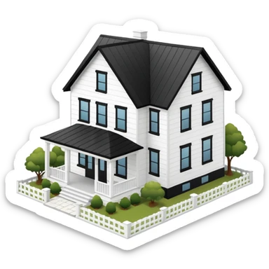 modern farmhouse with white siding and black trim, 3d isometric sticker