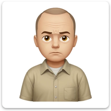 Carl from Sling Blade, serious expression, recognizable features, chin sticking out, slouching posture, no glasses, shirt with collar, front view, entire body visible, standing, head sticking forward, emoji style sticker