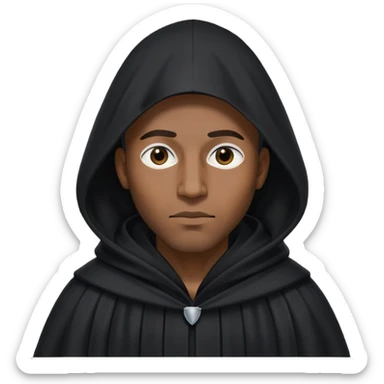Black man wearing long black robe with tall, pointed hood. Entire face fully covered by black cloth, no facial features visible, only two small eye holes cut into the fabric. sticker