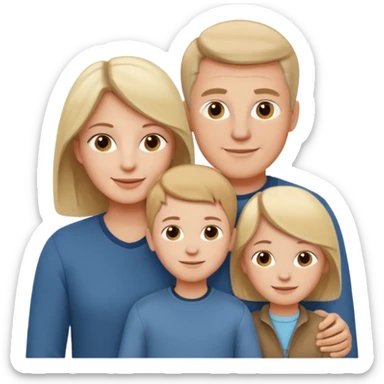 white family emoji: family of three, parents flanking child, all smiling, warm, casual modern clothes sticker