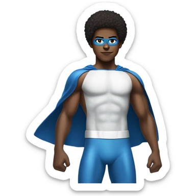 A full body Muscular Afro teenage boy in a Blue Mr. Fantastic superhero costume with a backward number 4 on the chest. sticker