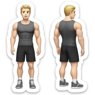 Confused Pale skinned Fit Man With the biceps and dark brown hair in black shirt, gray sports shorts and white Sneakers sticker