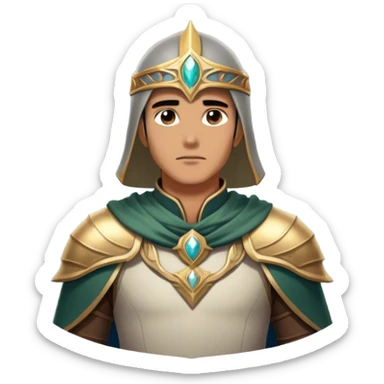 An icon featuring a hero with a closed visor, standing in a majestic, mystical landscape, inspired by RPGs like Elden Ring. The design includes a stunning, ethereal background with towering castles and distant mountains, symbolizing the adventure and mystery. Transparent background sticker