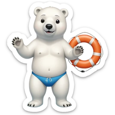 full body friendly anthropomorphised polar bear wearing swim shorts, life buoy around waist, swim goggles, standing with water pooled around feet sticker