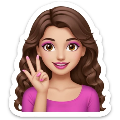 girl with long wavy brown hair, brown eyes, long lashes makeup, sexy pink lips, light to medium complexion, pink sexy top, smiling, hand by the cheek snapping fingers sticker